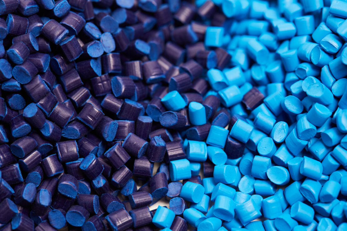 Dark blue and light blue polypropylene granules