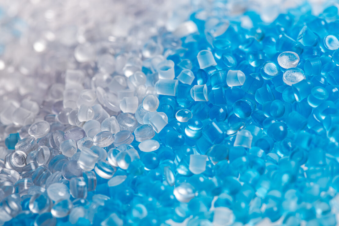 Blue and white/transparent polyvinyl chloride granules